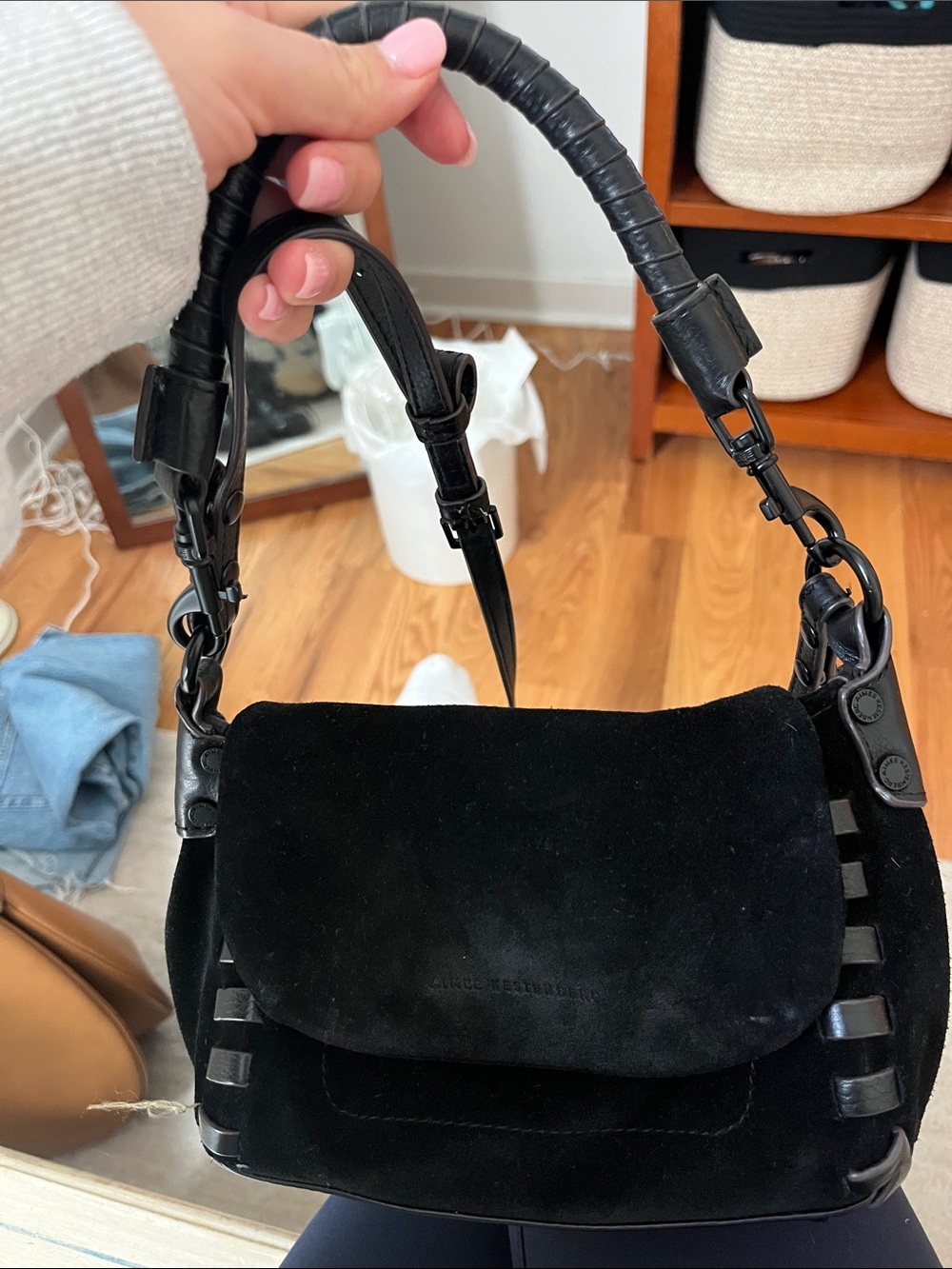 Aimee Kestenberg Black Suede and Leather Top-Handle Crossbody Bag